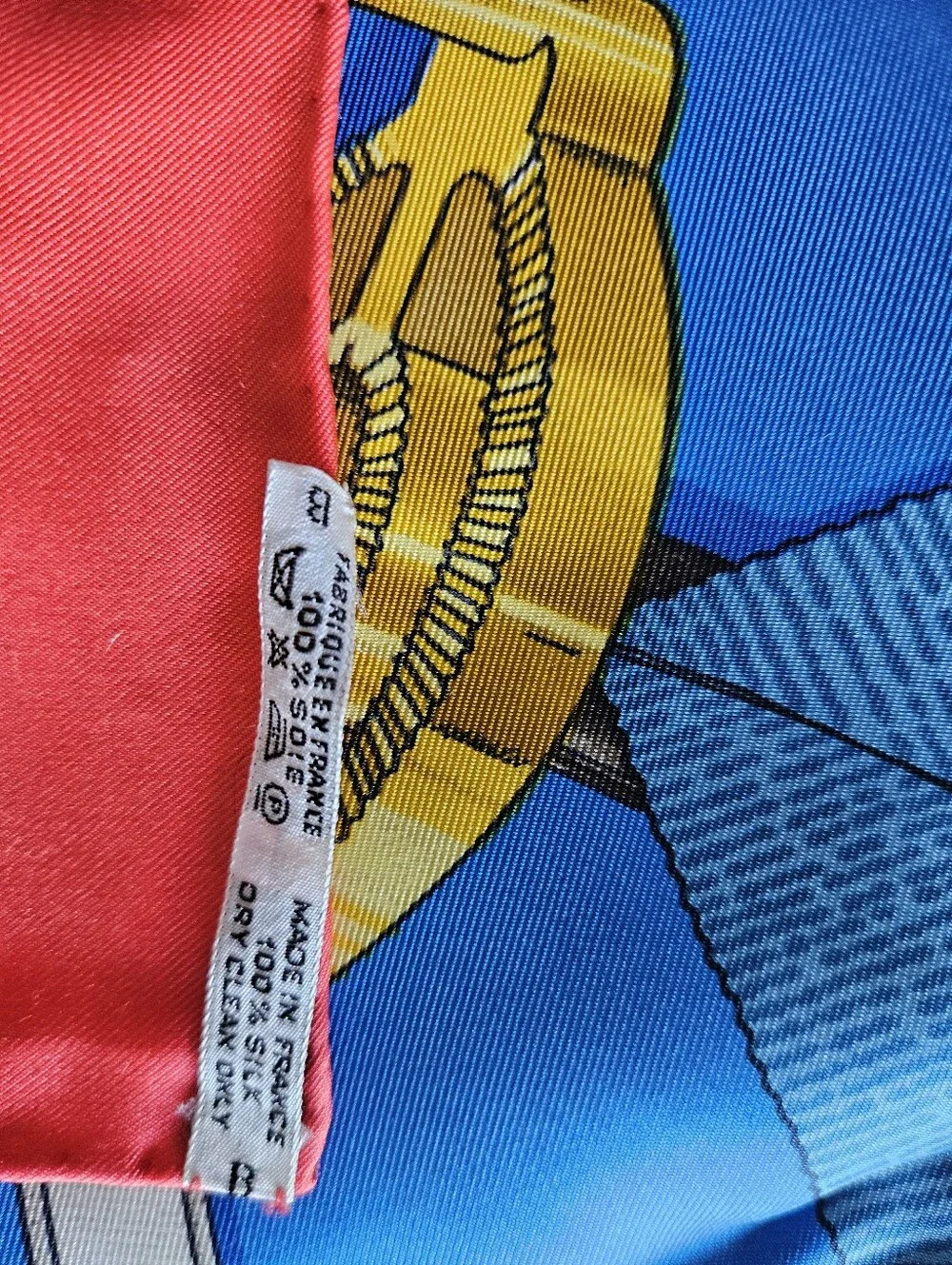 Hermes Red, Blue and Gold Equestrian Motif Silk Scarf 90X90cm  authentic